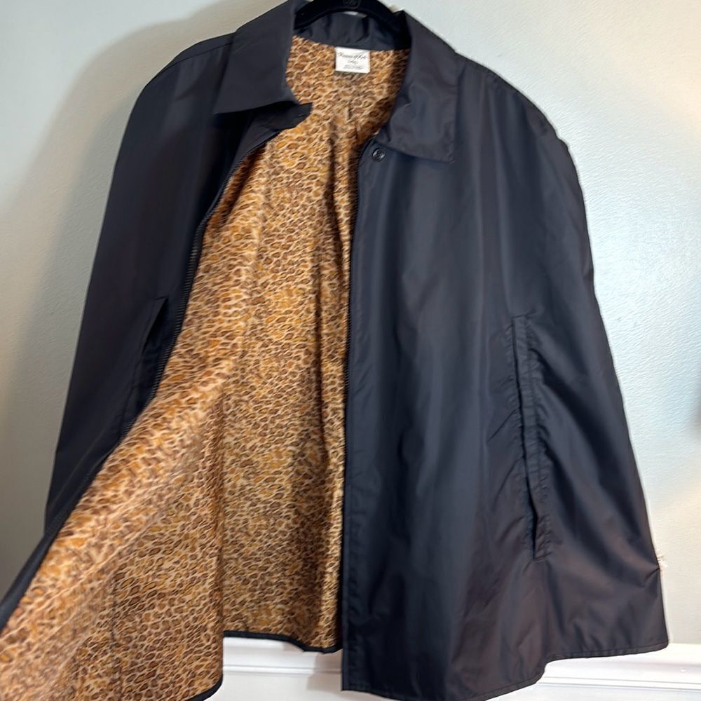 Preston & York Black zip Poncho Raincoat Wrap cape leopard lining pockets M/L - Picture 7 of 12